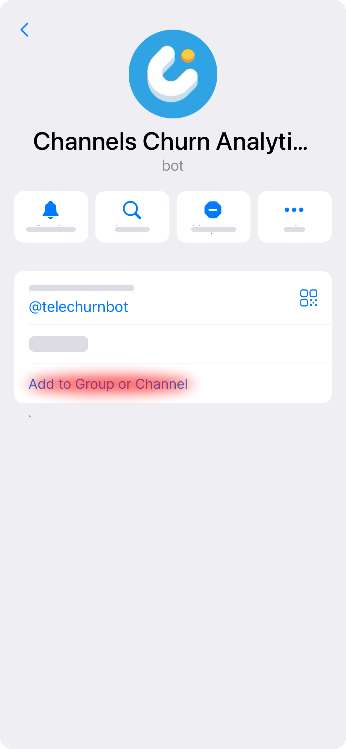 Open the bot description and click add to chat or channel